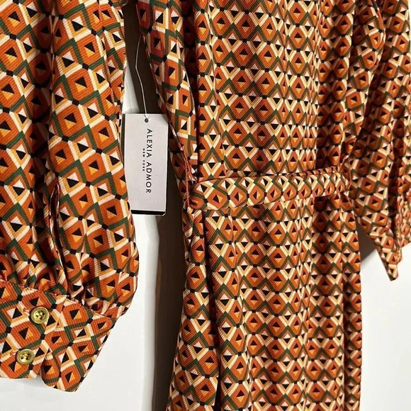 New Alexia Admor Dress 3/4 Sleeve Button Front S Geometric Belted - Picture 12 of 12